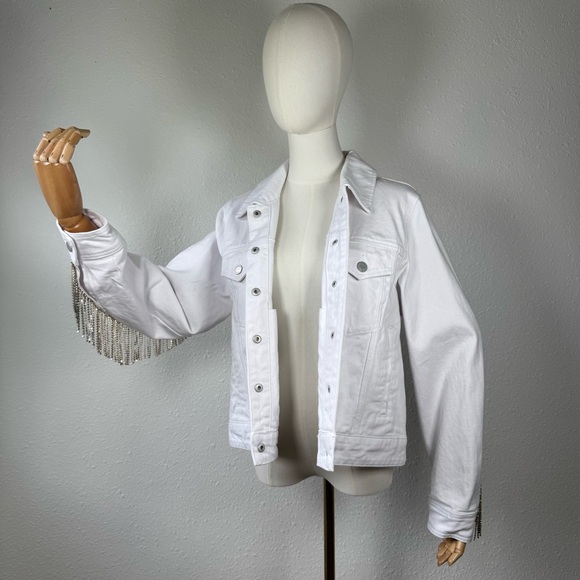 NWT BLANK NYC cotton stone white denim western rhinestone tassel jacket - Picture 2 of 13